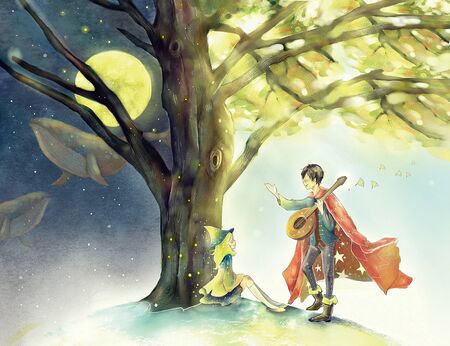 artistic conception illustration of boy playing guitar to a girl under treeの写真素材