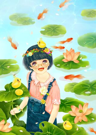 illustration of teenage girl at Lotus pondの写真素材