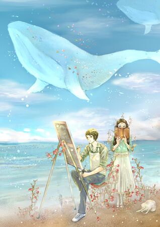 artistic conception illustration of Drawing boy and his loveの写真素材