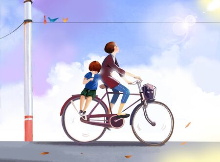 illustration of mother cycling back home with her childの写真素材