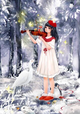 illustration of girl playing violin at Snowの写真素材