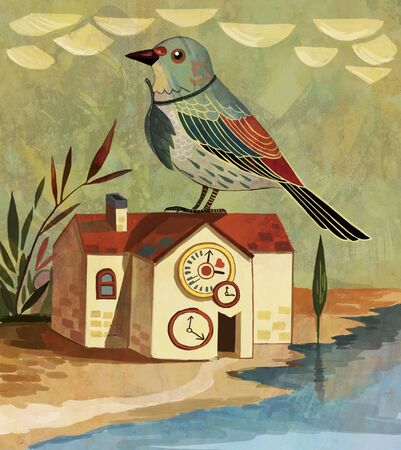 artistic conception illustration of Little bird on clock houseの写真素材