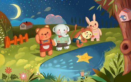 animals gather by the lake side at nightの写真素材