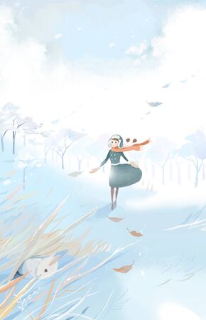 woman standing in the winter forestの写真素材