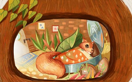 squirrel sleeping on bedの写真素材
