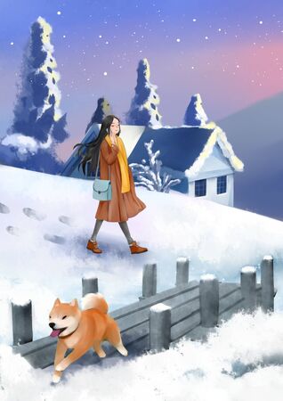 girl walking in the snowy sceneの写真素材