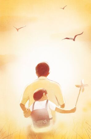 Back view of father carrying sonの写真素材