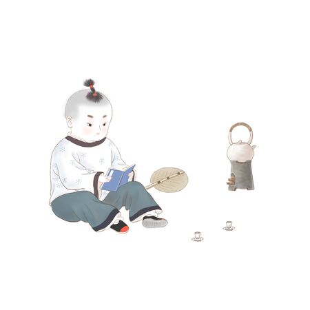 Child boiling tea while readingの写真素材