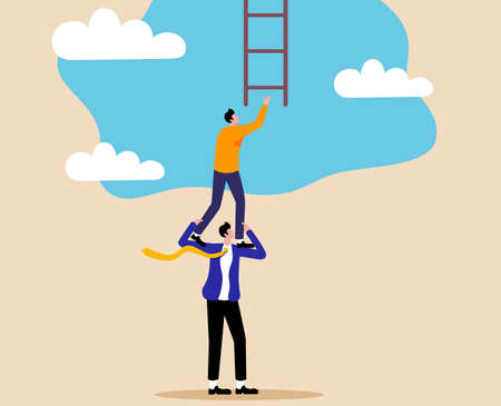 A pair of white-collar workers working together to climb the stairs, teamwork conceptのイラスト素材