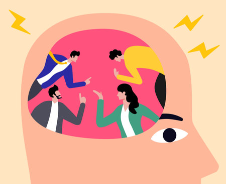 Four young people arguing in the brain, brainstorming concept