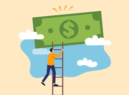 Illustration of  A man climbing a ladder to withdraw moneyのイラスト素材