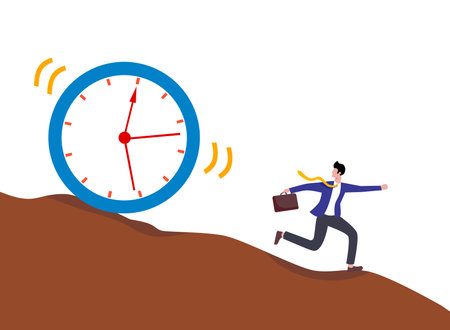 Illustration of  A man about to be hit by a clock, company time discipline conceptのイラスト素材