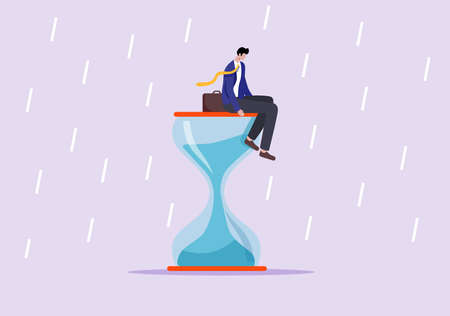 Illustration of  A white-collar worker sitting on the hourglass and frustratedのイラスト素材