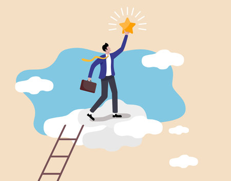 Illustration of A man standing on the cloud and picking the starsのイラスト素材