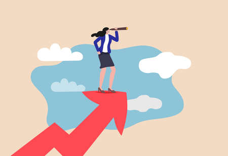 Illustration of A woman standing on a rising arrow and looking via telescopeのイラスト素材