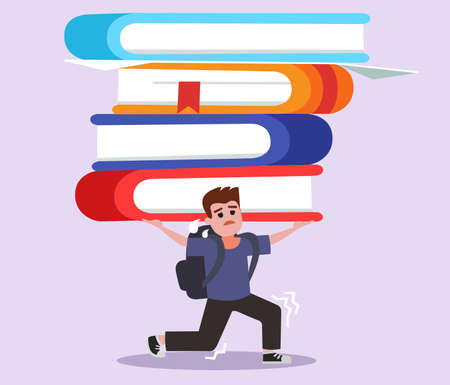 Illustration of A student carrying a lot of books, student stress conceptのイラスト素材