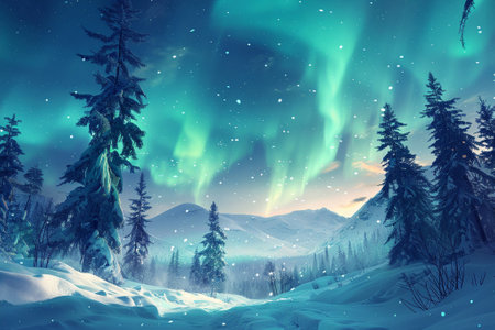 A breathtaking display of the Northern Lights dances across the starlit sky above a serene, snow-covered landscape.の素材