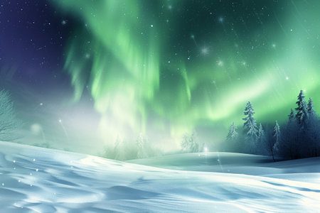 A breathtaking display of the Northern Lights dances across the starlit sky above a serene, snow-covered landscape.の素材