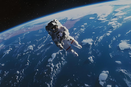 An astronaut serenely drifts in the solitude of space, with the Earth's atmospheric glow and the dark expanse of the universe as a backdrop.の素材