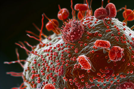 A striking 3D rendering of a pathogen amongst red blood cells, emphasizing the intricate details of its structure.の素材