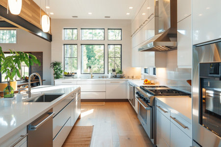 A sunlit, contemporary kitchen boasting stainless steel appliances, white cabinetry, and subway tile backsplash, reflecting a clean and inviting space.の素材