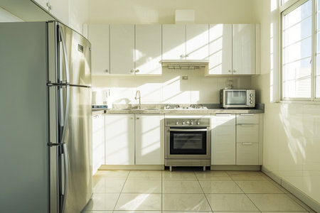 A sunlit, contemporary kitchen boasting stainless steel appliances, white cabinetry, and subway tile backsplash, reflecting a clean and inviting space.の素材
