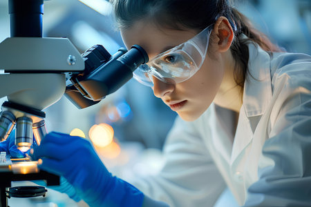 An absorbed female scientist meticulously examines test tubes in a laboratory, underscored by the cool, sterile light of scientific inquiry.の素材
