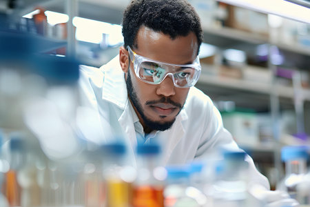 An intently focused scientist conducting meticulous research in a modern laboratory setting, surrounded by glassware and scientific instruments.の素材