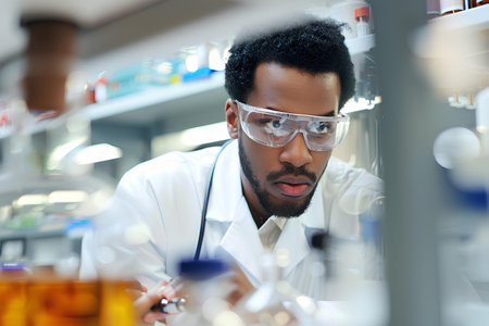 An intently focused scientist conducting meticulous research in a modern laboratory setting, surrounded by glassware and scientific instruments.の素材