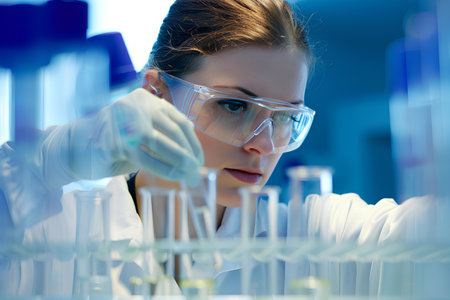 An absorbed female scientist meticulously examines test tubes in a laboratory, underscored by the cool, sterile light of scientific inquiry.の素材