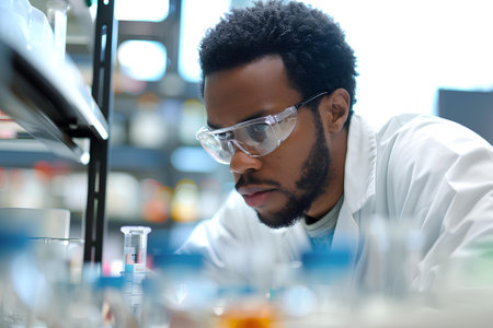 An intently focused scientist conducting meticulous research in a modern laboratory setting, surrounded by glassware and scientific instruments.の素材
