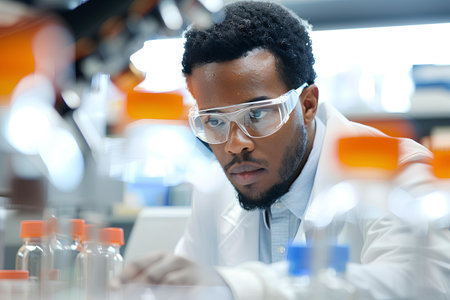 An intently focused scientist conducting meticulous research in a modern laboratory setting, surrounded by glassware and scientific instruments.の素材