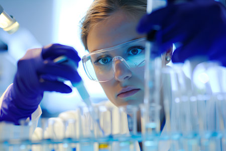 An absorbed female scientist meticulously examines test tubes in a laboratory, underscored by the cool, sterile light of scientific inquiry.の素材