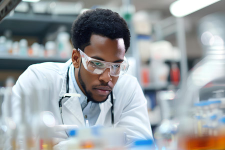 An intently focused scientist conducting meticulous research in a modern laboratory setting, surrounded by glassware and scientific instruments.の素材