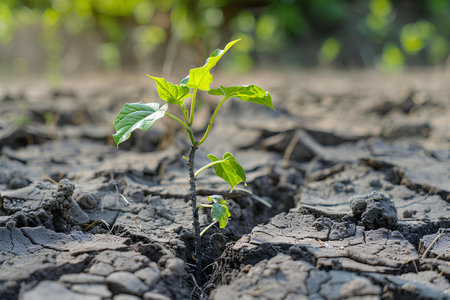 A lone plant sprouts from cracked, dry soil, symbolizing hope and resilience in harsh conditions.の素材