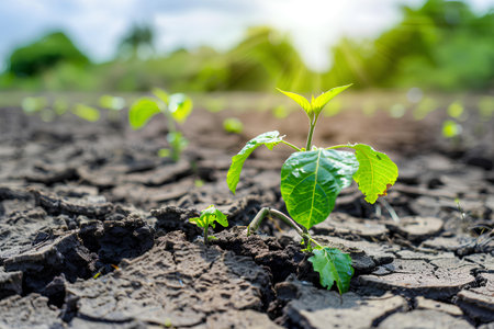 Young saplings emerge triumphantly from parched earth, a testament to life's resilience and the promise of regeneration.の素材