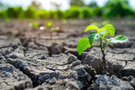 A lone plant sprouts from cracked, dry soil, symbolizing hope and resilience in harsh conditions.の素材