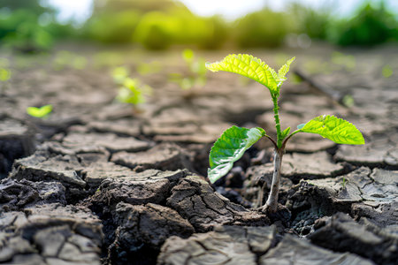 Young saplings emerge triumphantly from parched earth, a testament to life's resilience and the promise of regeneration.の素材