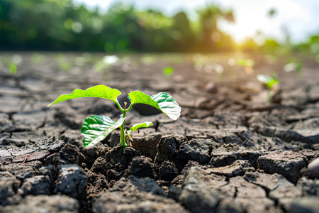 Young saplings emerge triumphantly from parched earth, a testament to life's resilience and the promise of regeneration.の素材