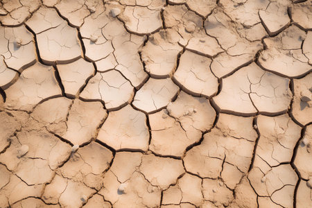 The cracked, beige-colored surface of desert ground, telling the story of intense heat and the absence of moisture.の素材