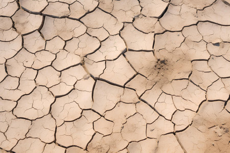 The cracked, beige-colored surface of desert ground, telling the story of intense heat and the absence of moisture.の素材
