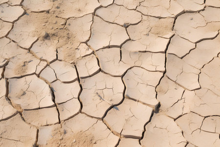 The cracked, beige-colored surface of desert ground, telling the story of intense heat and the absence of moisture.の素材