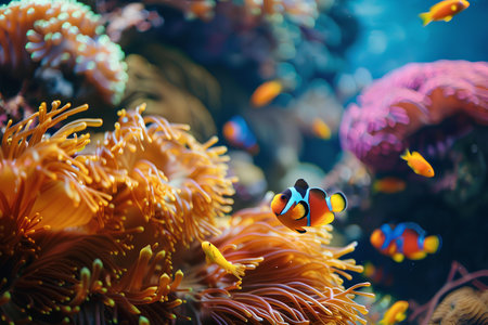 A striking copper-banded butterflyfish gracefully swims among vibrant sea anemones, a beautiful example of marine symbiosis.の素材