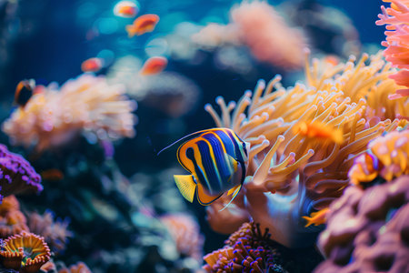 A vibrant clownfish, with its distinctive orange and white stripes, finds shelter among the tendrils of a sea anemone, exemplifying a unique marine symbiosis.の素材