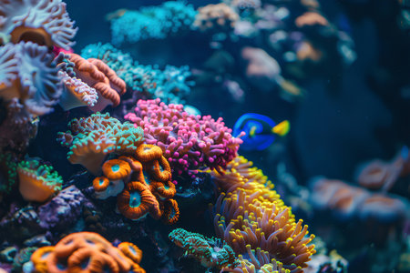 A vibrant clownfish, with its distinctive orange and white stripes, finds shelter among the tendrils of a sea anemone, exemplifying a unique marine symbiosis.の素材
