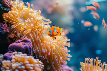 A vibrant clownfish, with its distinctive orange and white stripes, finds shelter among the tendrils of a sea anemone, exemplifying a unique marine symbiosis.の素材