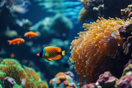 A vibrant clownfish, with its distinctive orange and white stripes, finds shelter among the tendrils of a sea anemone, exemplifying a unique marine symbiosis.の素材