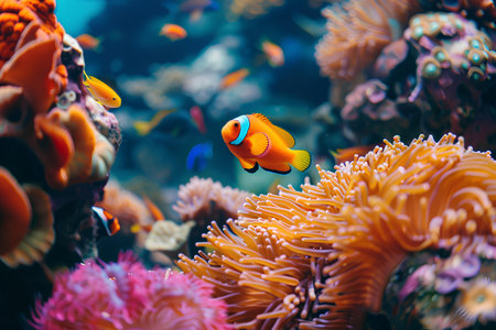 A striking copper-banded butterflyfish gracefully swims among vibrant sea anemones, a beautiful example of marine symbiosis.の素材
