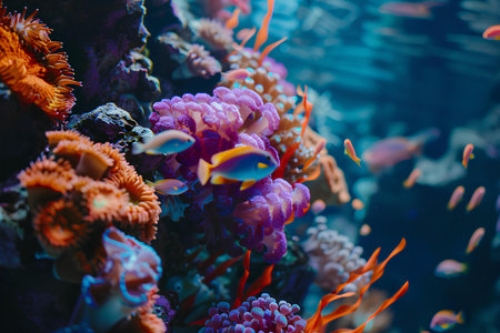 A striking copper-banded butterflyfish gracefully swims among vibrant sea anemones, a beautiful example of marine symbiosis.の素材