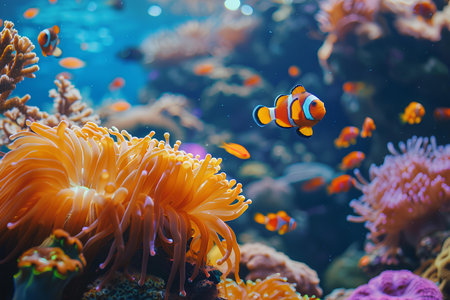 A striking copper-banded butterflyfish gracefully swims among vibrant sea anemones, a beautiful example of marine symbiosis.の素材
